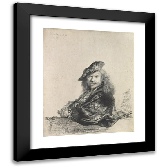 Rembrandt van Rijn 12x14 Black Modern Framed Museum Art Print Titled - Self-Portrait Leaning on a Stone Sill (1639)