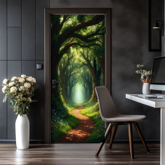Door Stickers Peel and Stick Door Mural Forest Pathway Trees Colorful Flowers Magical Removable Wallpaper 30.3''x78.7'' Self-Adhesive Mural for Kitchen Living Room Bedroom Decor
