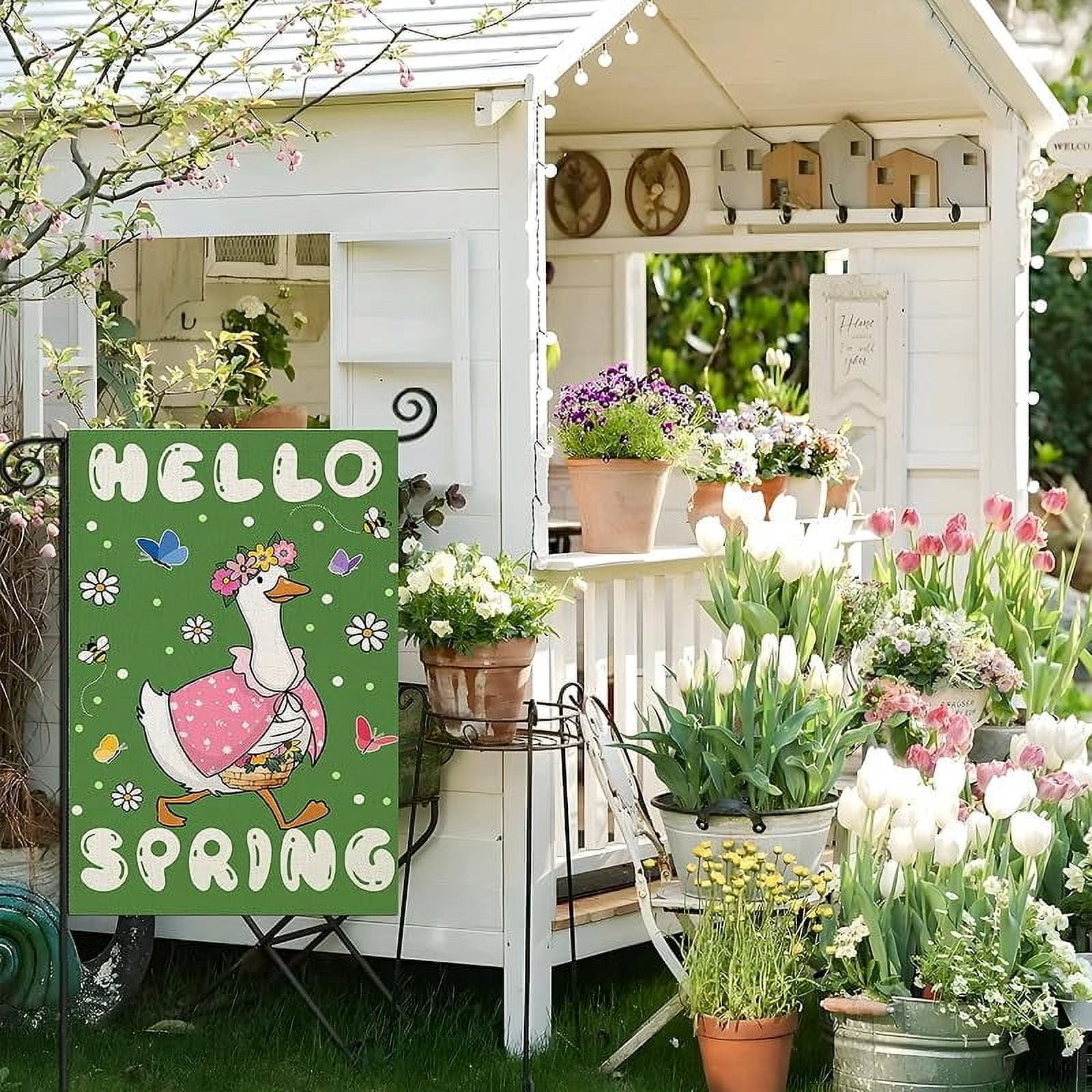 Hello Spring House Flags for Outdoor Decoration, Funny Goose with Flowers Large Yard Flag,Seasonal Decorative Decor for Holiday Summer Outside 28x40 Inch Vertical Double Sided