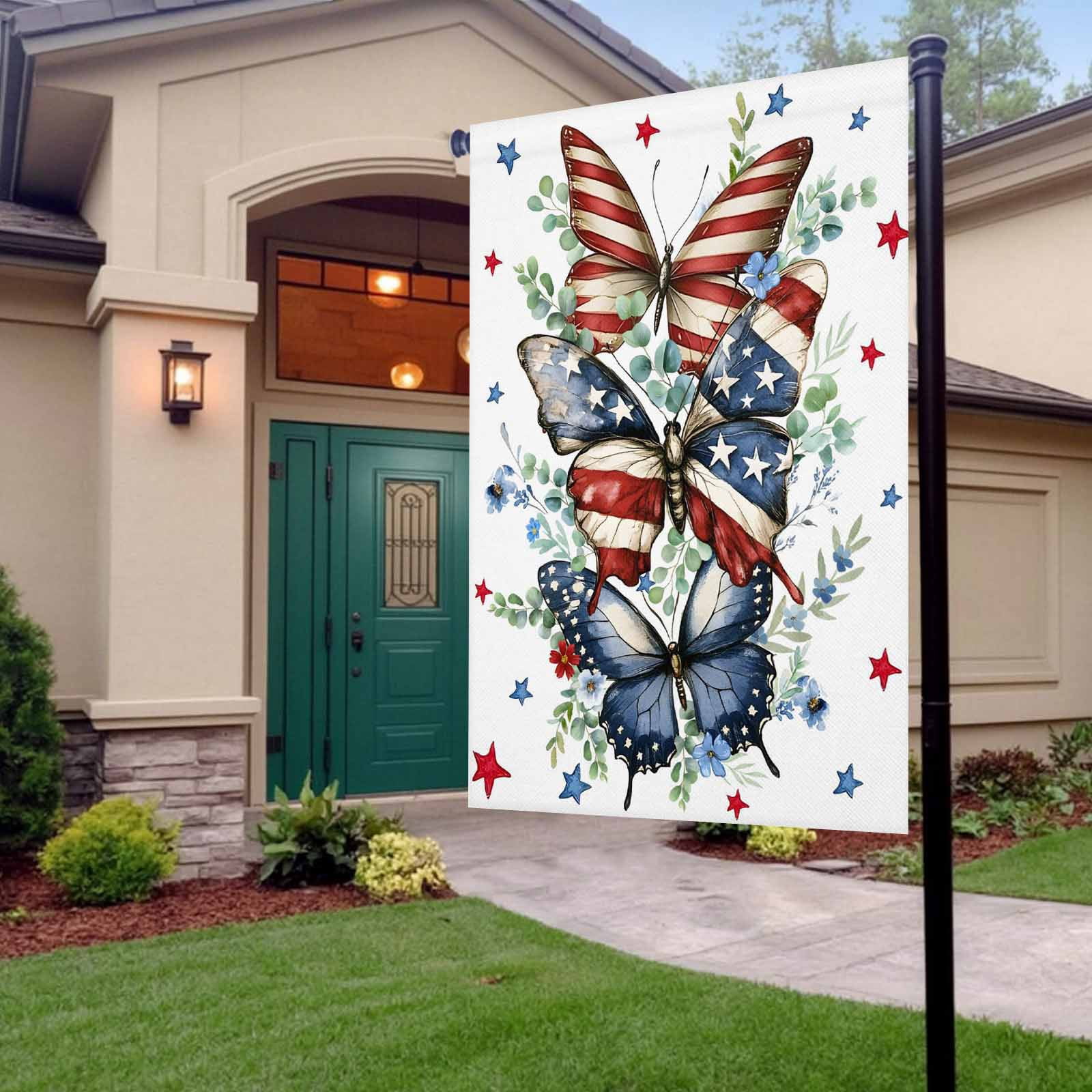 4th of July Garden Flags Red Blue Stars Butterfly Garden Flag Double Sided Welcome Flag Eucalyptus Leaves Independence Day Yard Flags for Outdoor Lawn Porch Memorial Day Holiday Decor 28x40 Inch