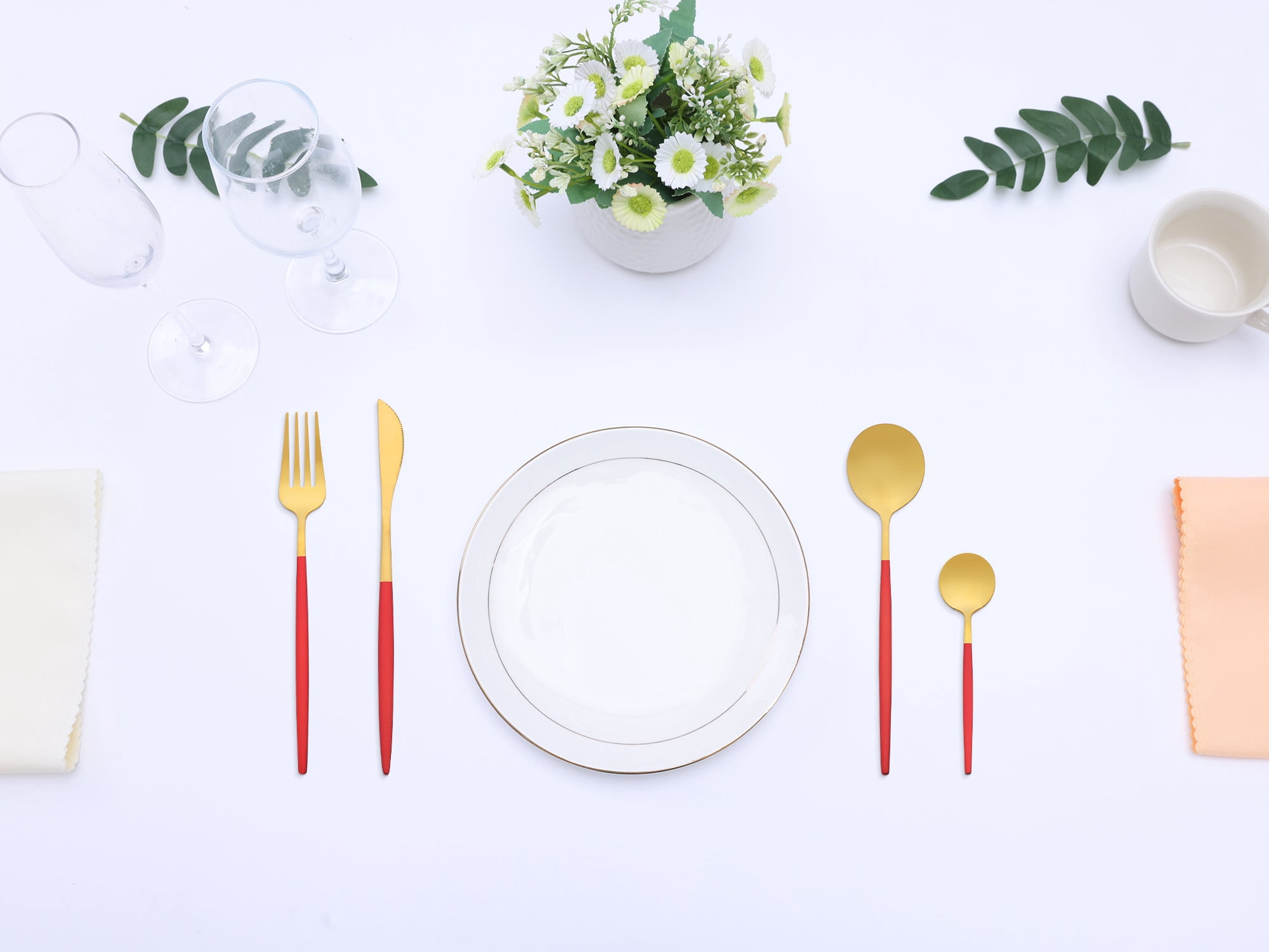 Unique Bargains 24 Pieces Stainless Steel Silverware Flatware Set Red