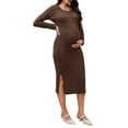 thumbnail image 4 of INSPIRE CHIC Womens Split Maternity Dress Long Sleeve Henley Collar Button Bodycon Ribbed Knit Pregnancy Photoshoot S Brown, 4 of 6