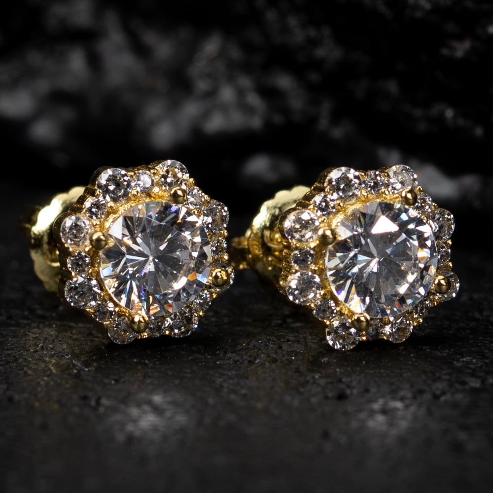 Brilliant Small 925 Sterling Silver 14K Yellow Gold Plated Flower Cluster Round Halo Unisex Iced Cz Hip Hop Hypoallergenic Men's Women's Circle Screw Back Cubic Zirconia Stud Earrings