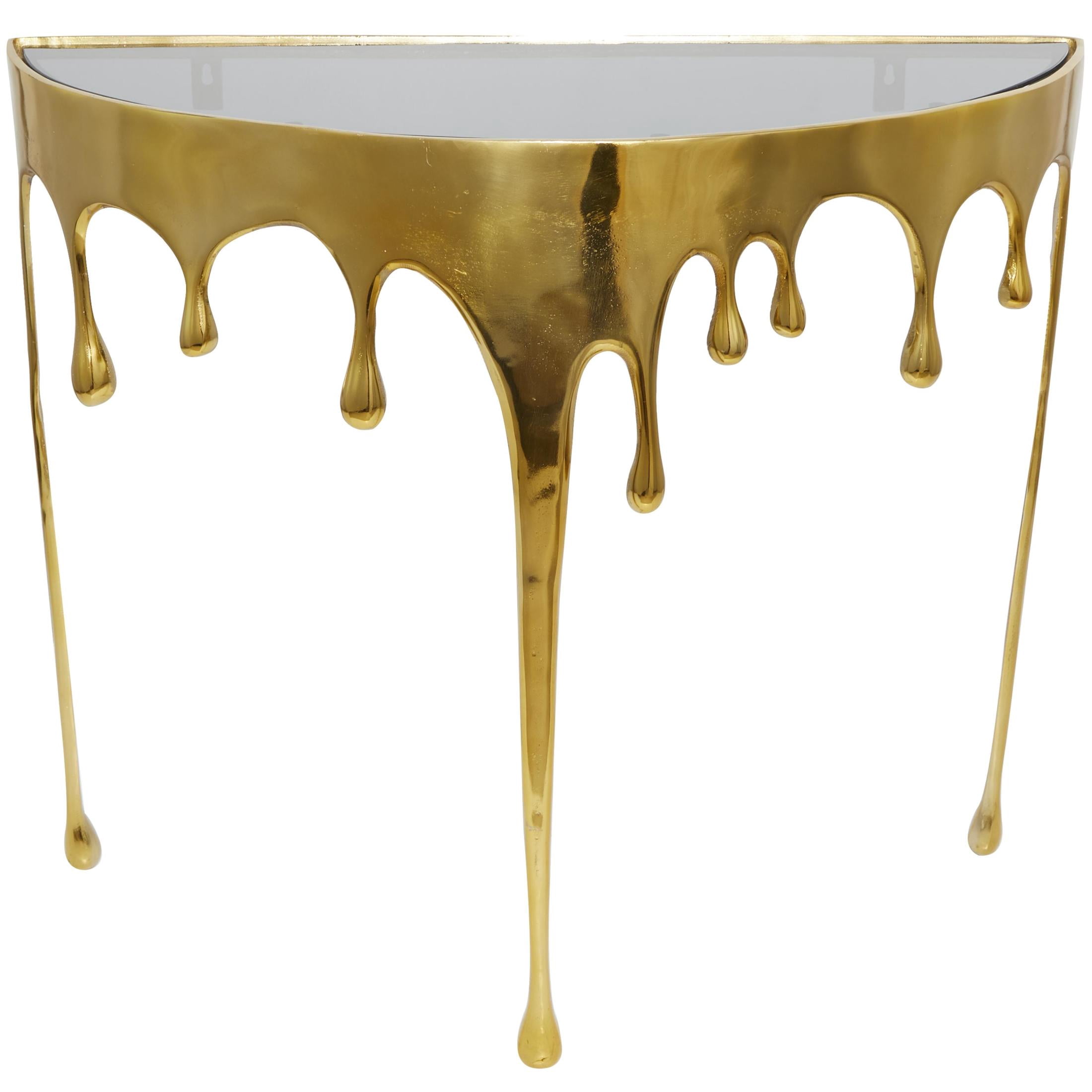 DecMode 36" x 32" Gold Aluminum Metal Half Moon Drip Abstract Console Table with Melting Designed Legs and Black Glass Top, 1-Piece