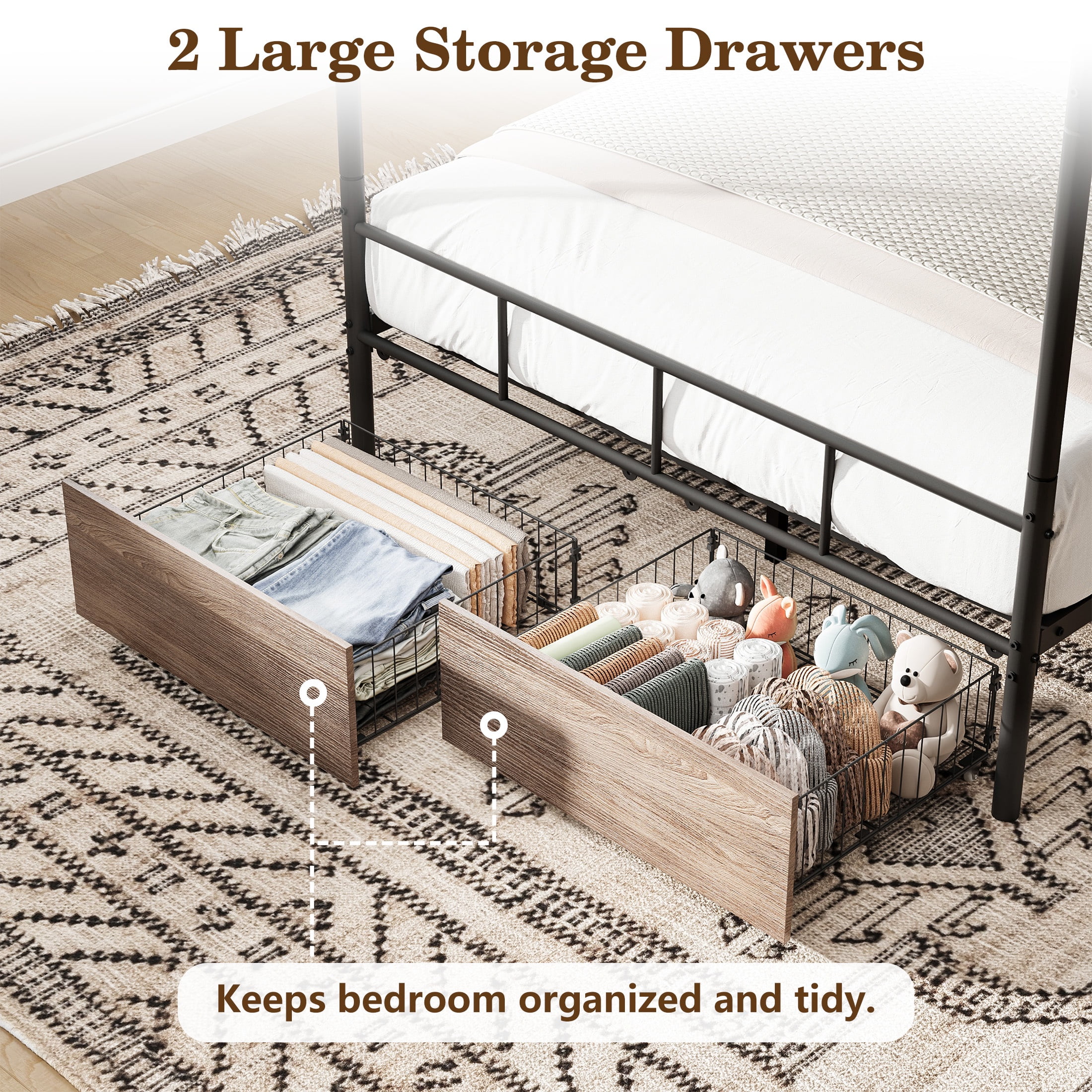 HSUNNS Full Bed Frame, Full Size Canopy Bed Frame with 2 Storage Drawers, Wooden Headboard and Footboard, Metal Platform Bed with Under-Bed Storage, No Box Spring Needed, Black+Brown