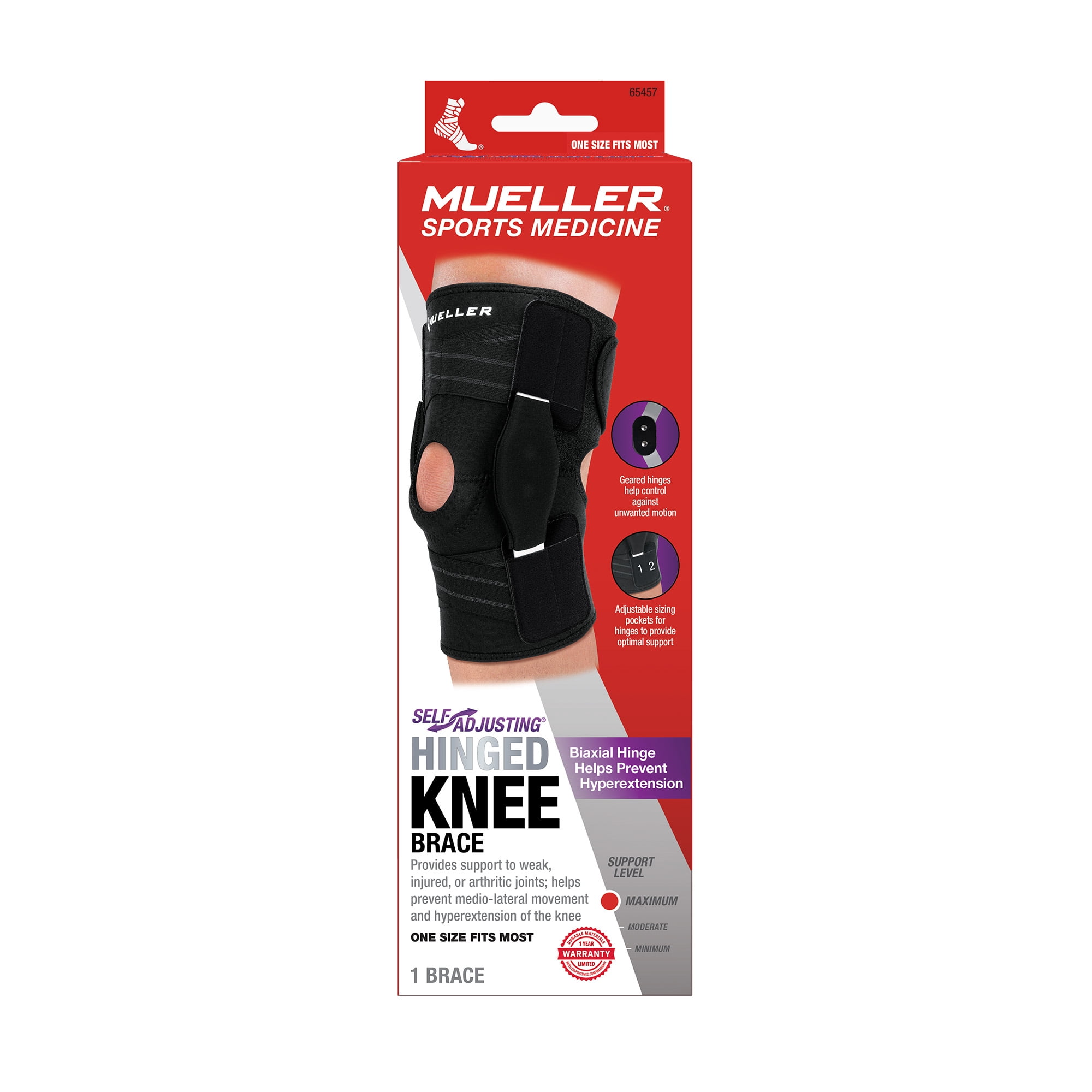 (4 pack) Mueller Adjustable Hinged Knee Brace, Black, One Size Fits Most