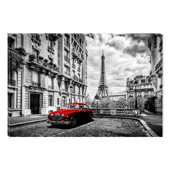 Startonight Canvas Wall Art Black and White Abstract Red Car in Paris, Dual View Surprise Artwork Modern Framed Ready to Hang Wall Art 100% Original Art Painting 23.62 X 35.43 inch