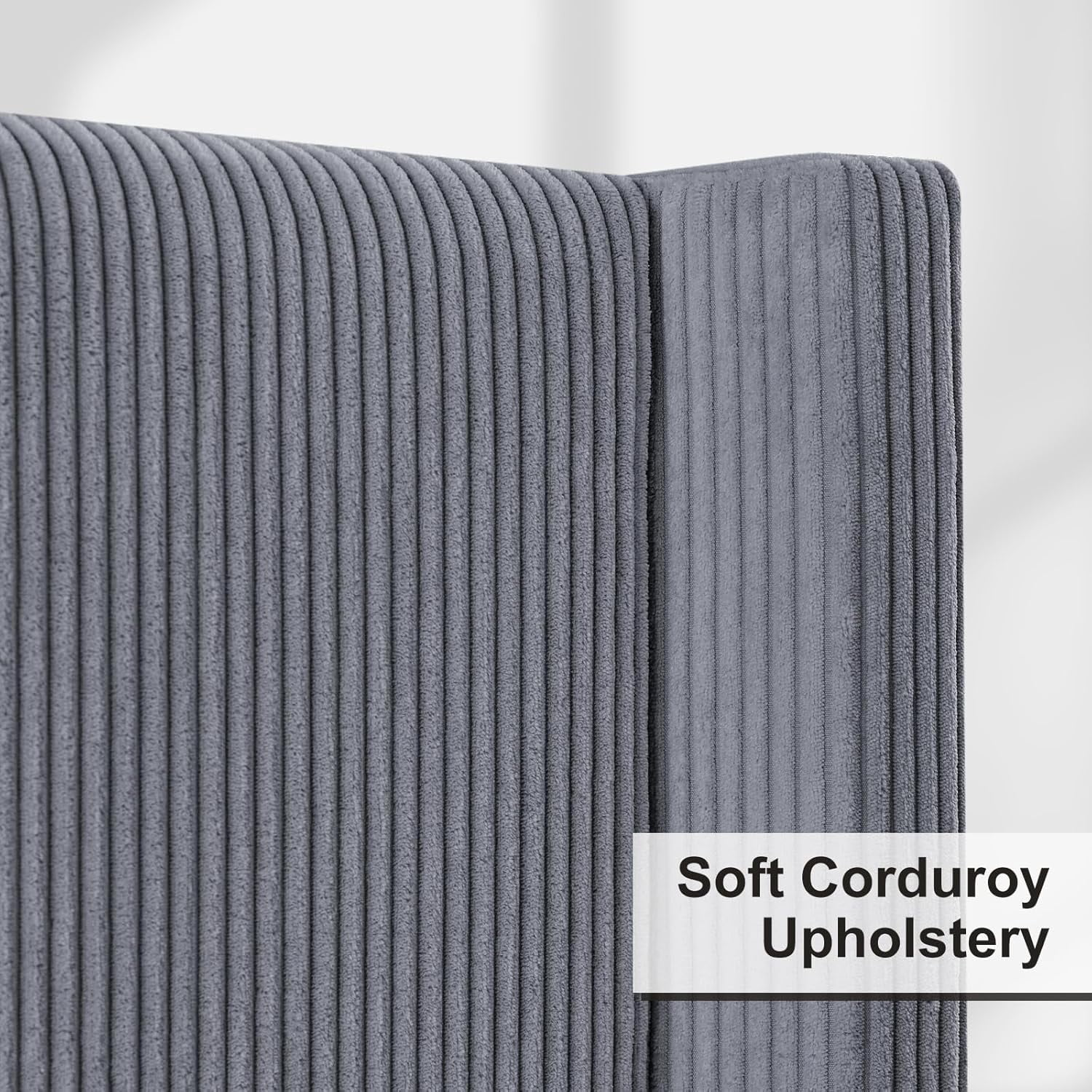 Amerlife Queen 61" Corduroy Upholstered Bed Frame with Wingback Headboard, Vertical Stripe, Grey