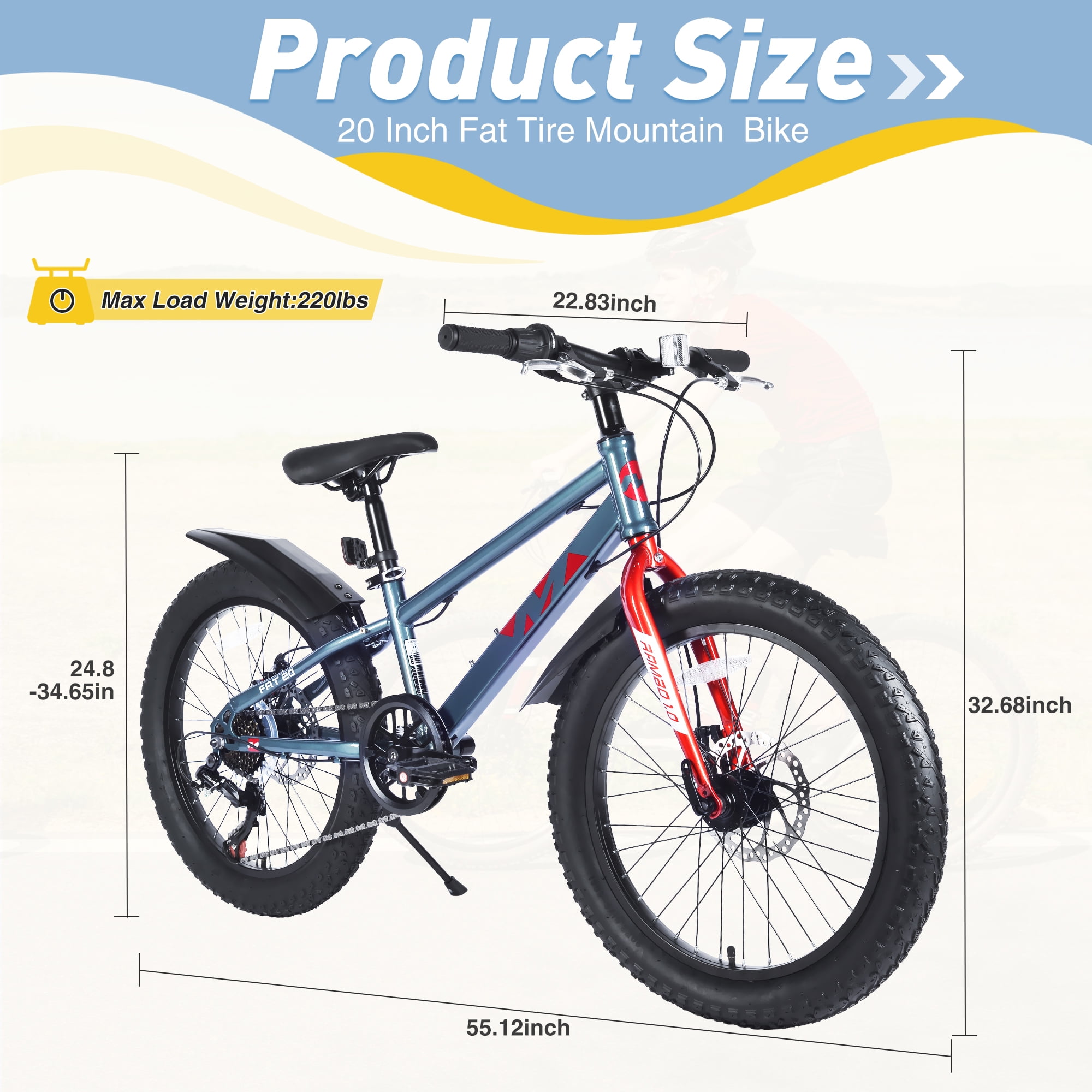 Zukka 20 inch Mountain Bike Fat Tire 7 Speed Hardtail Dual Disc Brake for Youth Boys Girls Gray