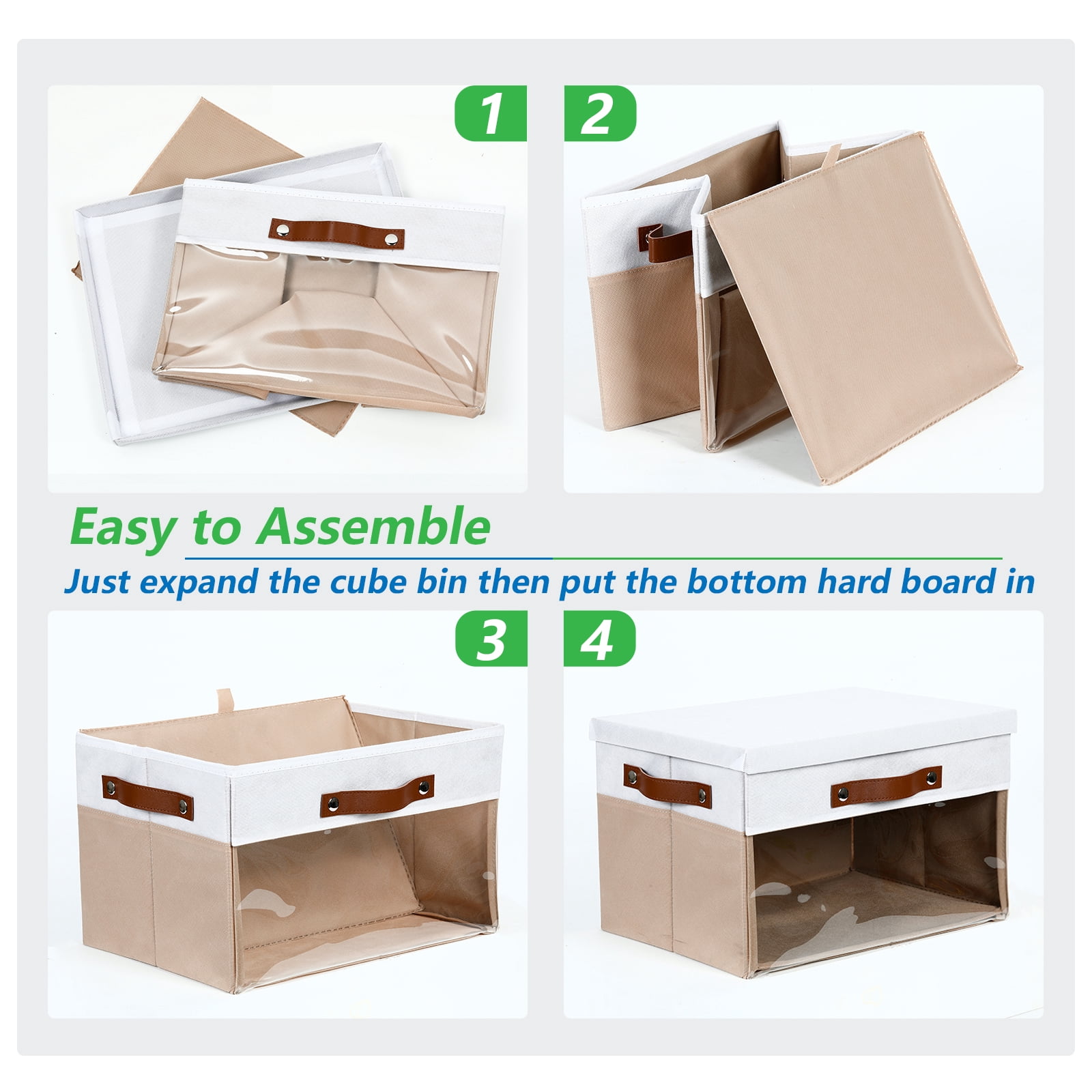 Bidtakay Collapsible Storage Bins with Lid 15 x 11 x 9.7 inch 4-Pack Fabric Closet Organizer with Clear Window Storage Baskets for Shelves Organization (White&Beige)