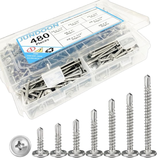 480pcs #8 Self-Tapping Screws for Metal, Wood, Plastic - 7 Size Kit 410 Stainless Steel Sheet Metal Screws Truss Head Self Tapping Screws Set, Length 1/2", 5/8", 3/4", 1", 1-1/4", 1-1/2", 2"
