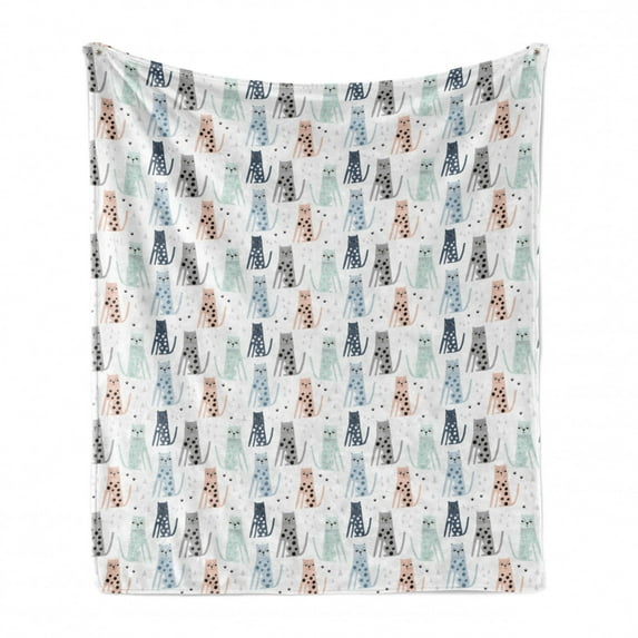 Leopard Soft Flannel Fleece Throw Blanket, Irregular Cat Drawings with Strokes and Spots Triangular Motifs and Paws Doodle, Cozy Plush for Indoor and Outdoor Use, 70" x 90", Multicolor, by Ambesonne