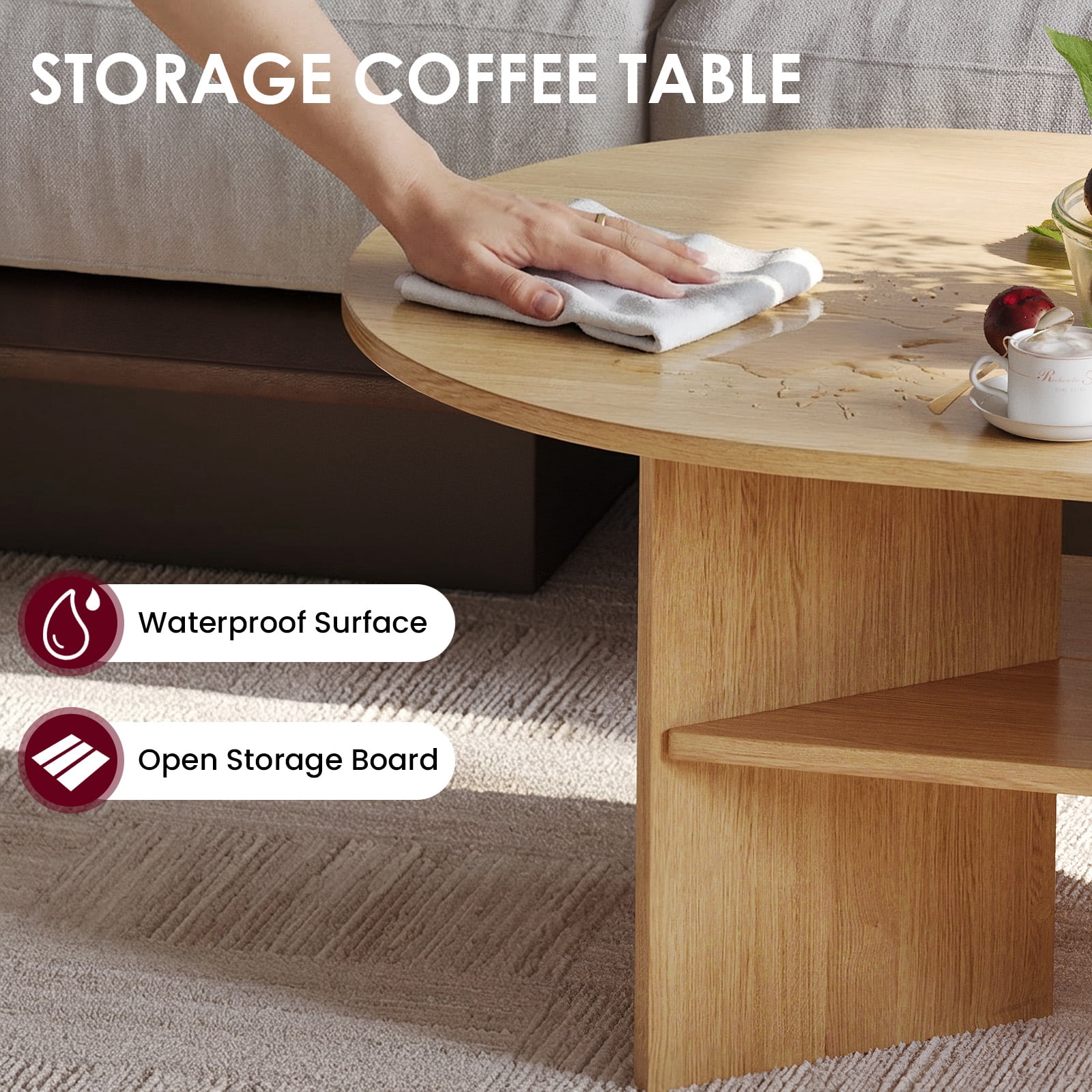 Gelloan 47" Modern Coffee Table,Oval Coffee Table,Double-layer Coffee Table with Sturdy Pedestal for Apartment,Living Room,Bedroom,Natural