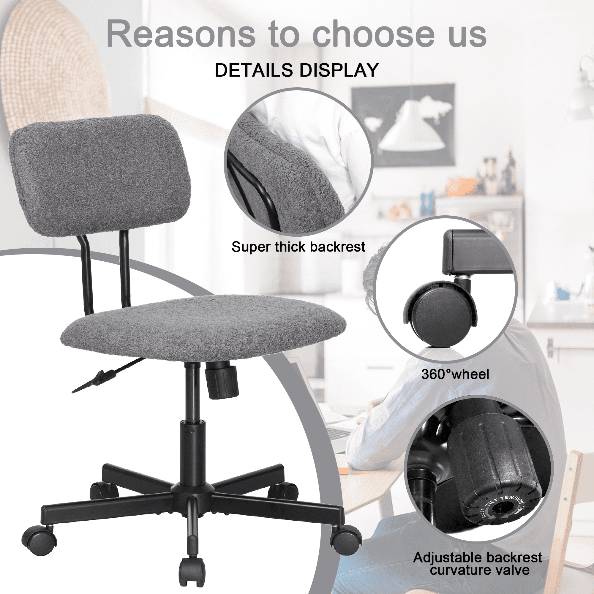 JJS Low Back Velvet Fabric Armless Home Office Computer Chair in Gray