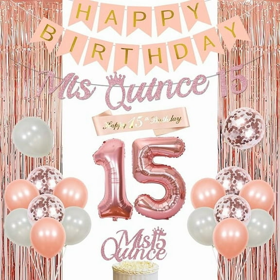 15th Birthday Decorations for Girls Rose Gold, Mis Quince 15 Banner Cake Topper Quinceanera Decor Cheers to 15 Years Decor Number 15 Foil Balloon Rain Curtain for Girls 15th Birthday Party Supplies