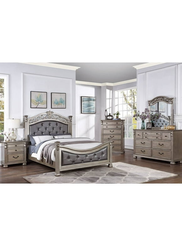 Cal King Size Bed Antique Formal Fabric Tufted HB FB Bed 2x Nightstands 3pc Set Grey Finish Posts Bed bedroom Furniture