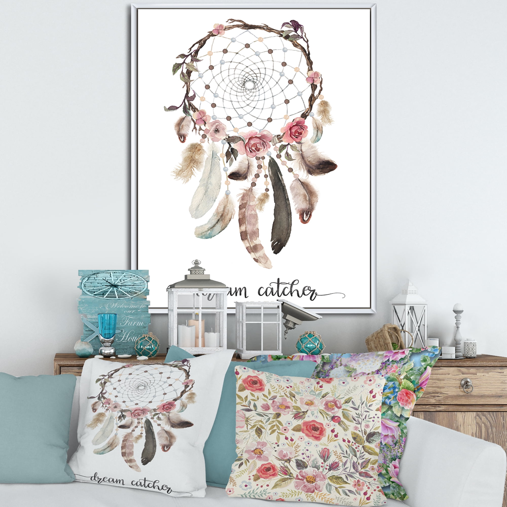 Designart 'Dream Catcher Made With Ethnic Feathers' Bohemian & Eclectic Framed Canvas Wall Art Print