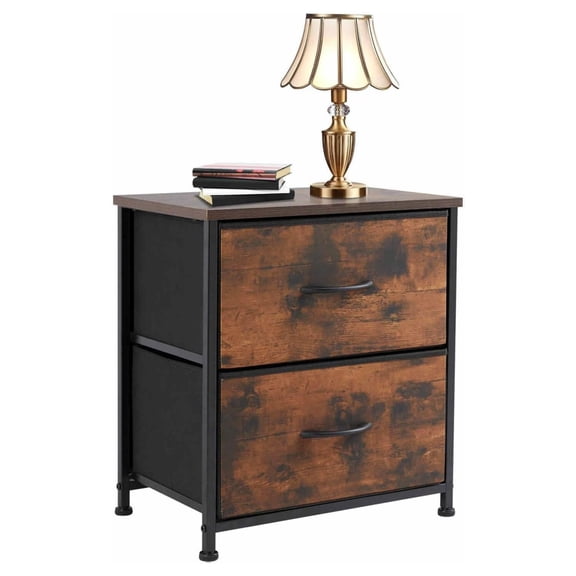 2 Drawer Night Stand,Nightstand with Metal Frame and Wood Top,Modern Bedside Table with Fabric Drawers for Living Room (Brown) 1pcs