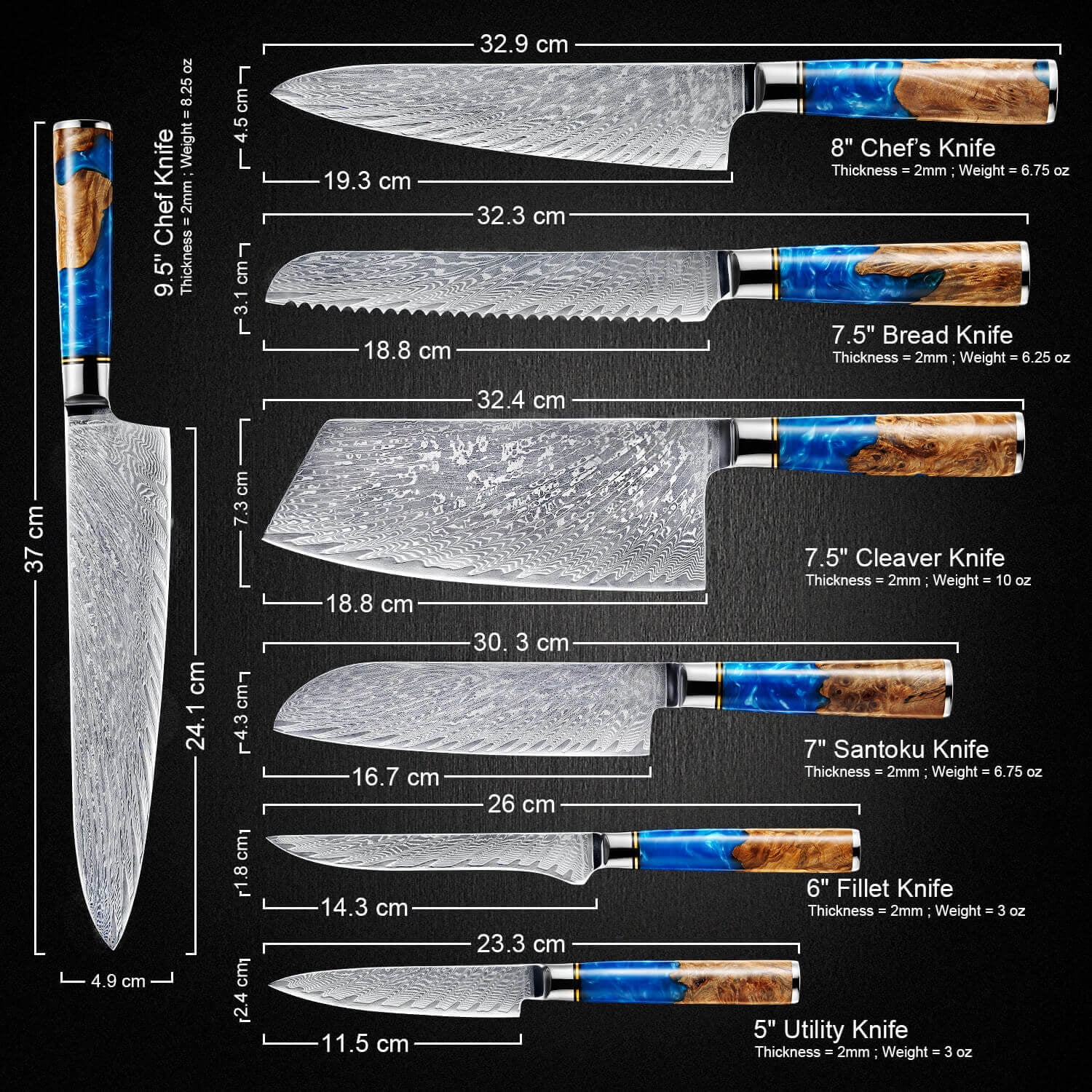 7-Piece Damascus Steel Kitchen Knife Set - Tsunami Collection - 67-Layer Japanese VG10 Steel - Chef's Knife, Cleaver Knife, Bread Knife, & More…