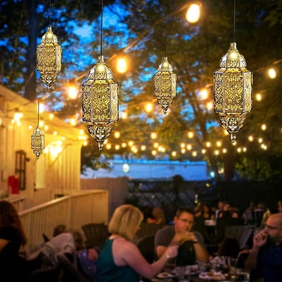Moroccan Solar Hanging Lantern, Outdoor LED Metal Pendant Light, Hollow Pattern Projection Decor Lamp for Patio Garden Yard Ramadan Decor