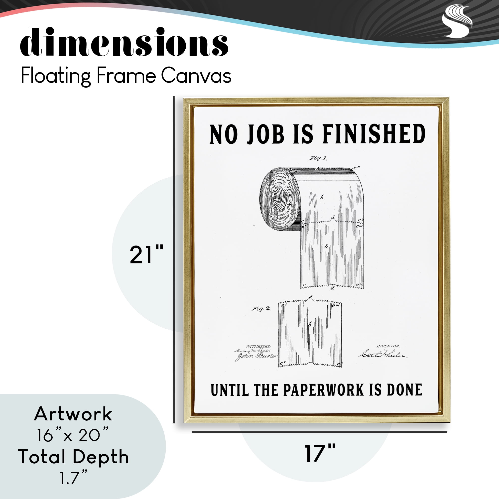 No Job Finished Toilet Paper Gold Framed Floater Canvas Wall Art, design by Lettered and Lined