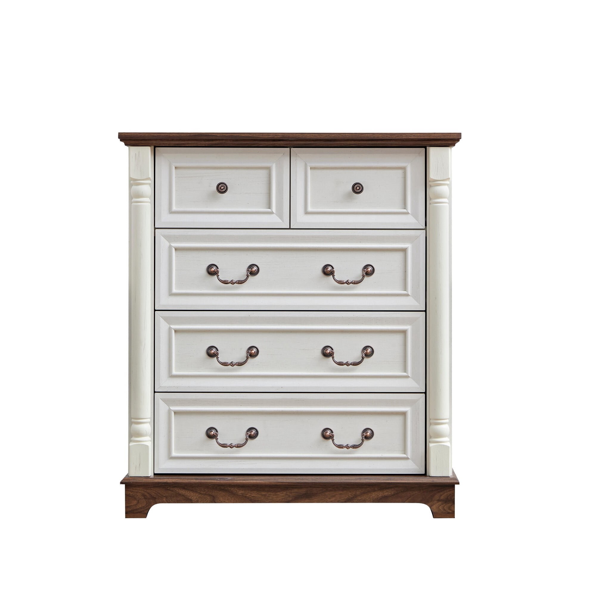 DEALTOPS 5-Drawer Farmhouse Dresser, Vertical Storage Chest with Solid Wood Columns, Shabby Chic Cabinet, White
