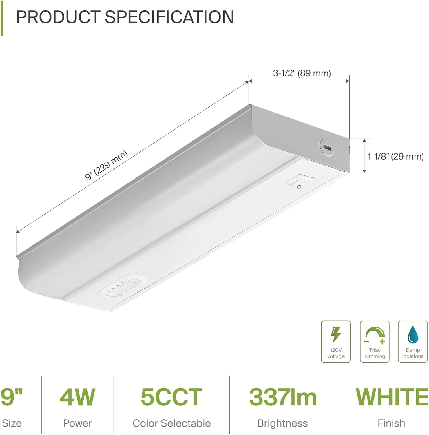 LED Under Cabinet Lighting Hardwired, 9 Inch 4W 2700K-5000K Selectable, 337LM, CRI90+, Direct Wire Linkable Under Counter Lights for Kitchen, Dimmable Under Cabinet Lights, White, UL Certified