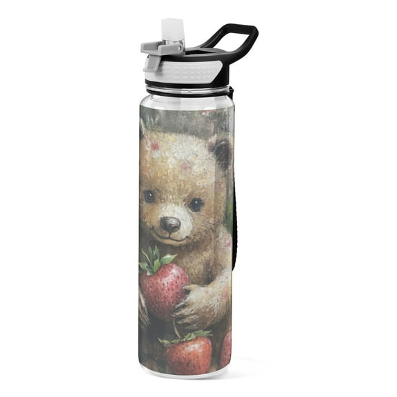 Qxltty Adorable Strawberry Bear Water Bottle 32 oz with Straw BPA Free Reusable Fitness Sport Bottle Perfect for Travel School Outdoors and Gym