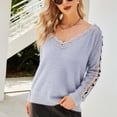 thumbnail image 2 of Suéter con cuello en V y hombros descubiertos para mujer, suéter de encaje de color puro de manga larga para invierno, gris M, 2 of 7