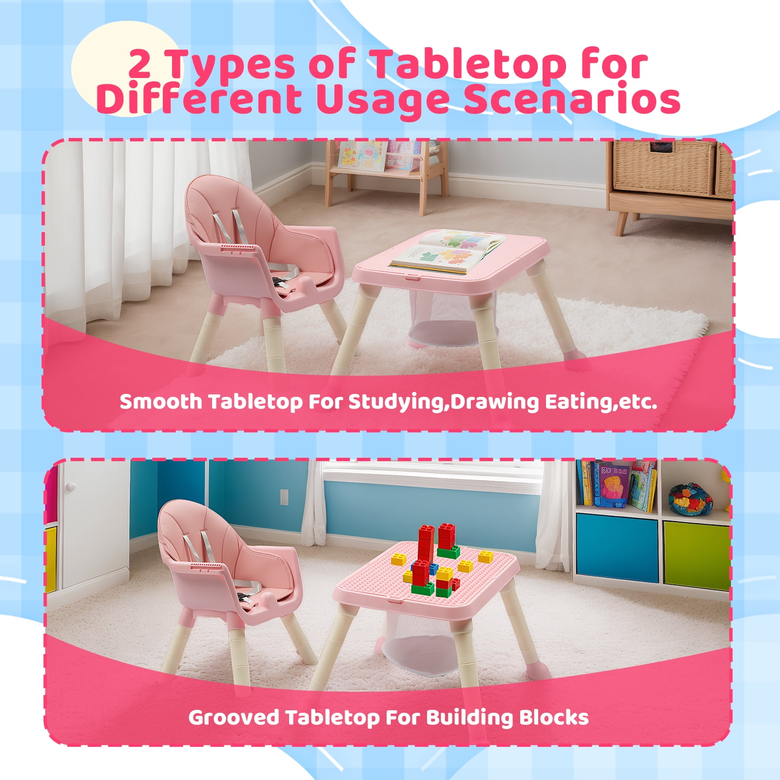 PEXMOR 7 in 1 Convertible Baby High Chair, Leather Cushion Eating Table Chair Set for Babies Toddlers, Pink