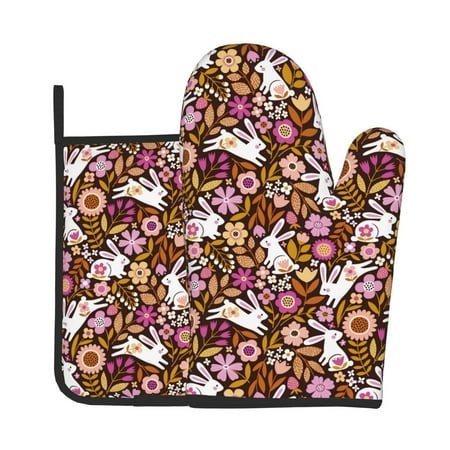 

KLL Flower Bunny Pattern Oven Mitts and Pot Holders 2pcs Sets for Kitchen Oven Mitt Heat Resistant 536°F Oven Gloves for Kitchen Cooking and Baking