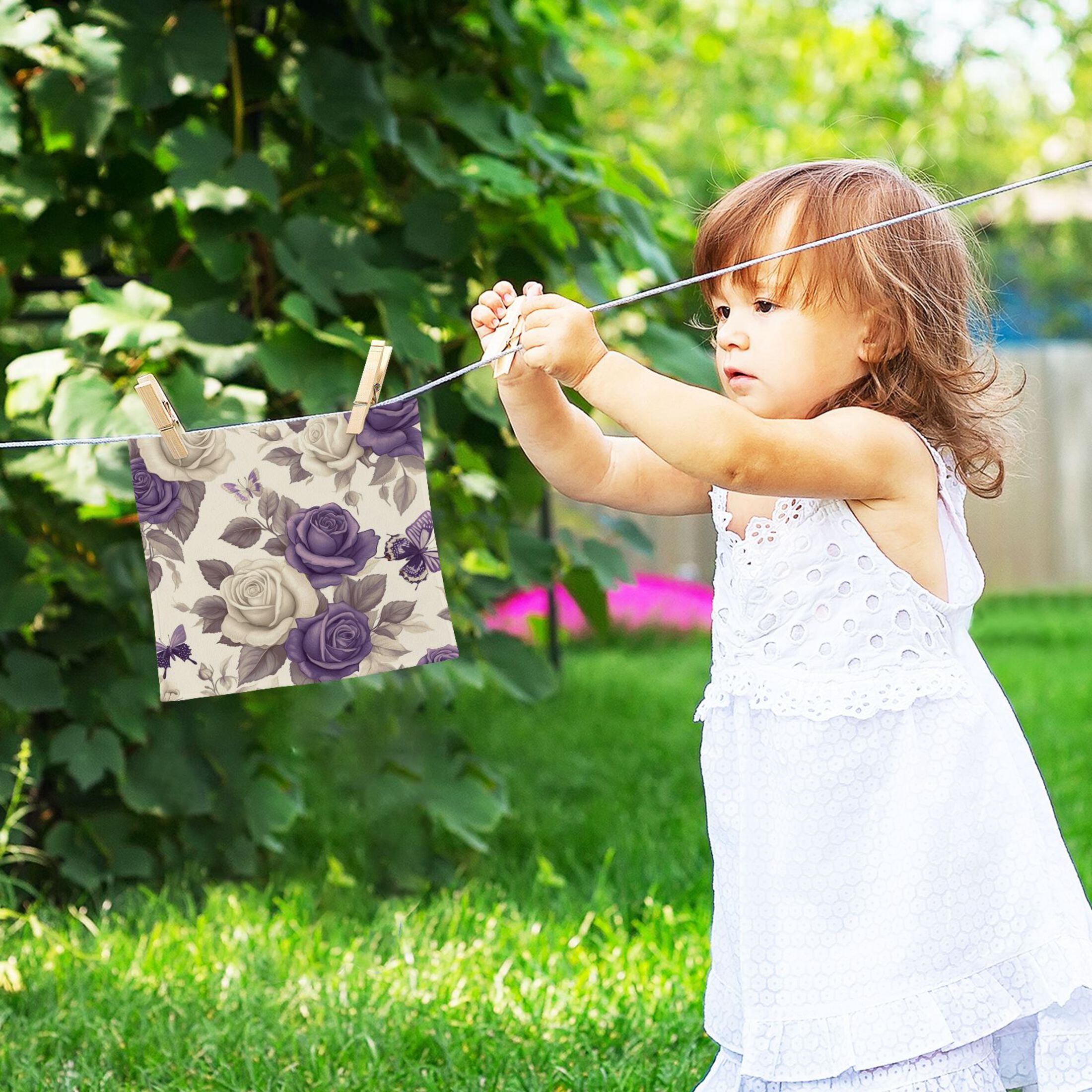 Purple White Flowers Pattern 100% Cotton Face Towel 12x12in Soft Absorbent Washcloth Durable Printed Hand Towels for Bathroom Travel 6 Pcs