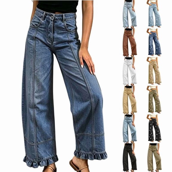 Axiiglly Womens Jeans Wide Leg High Waisted Straight Ruffle Hem Denim Pants with Pockets, S-3XL