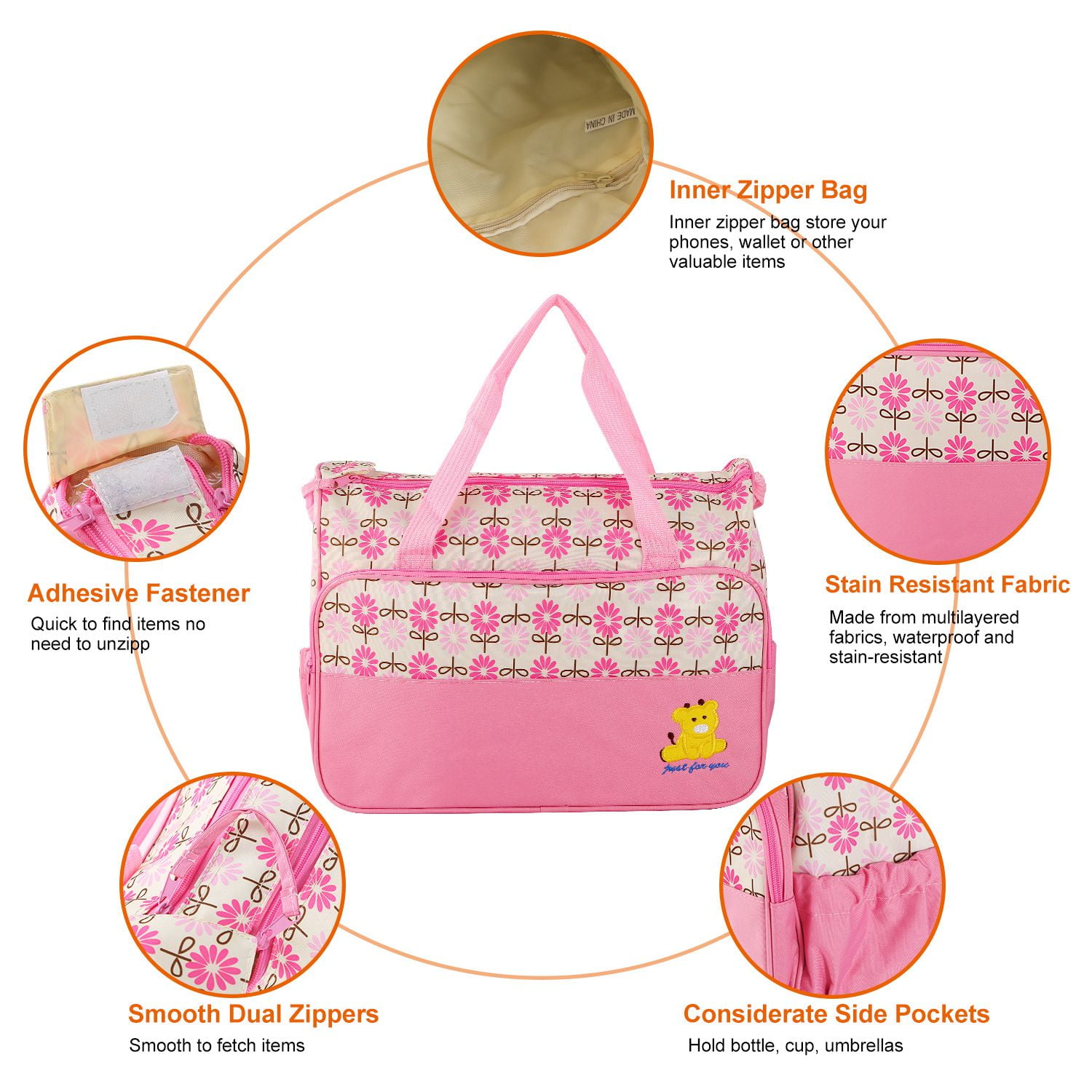 Moclever 5Pcs Mummy Diaper Tote Baby Bags Set Dad Diaper Shoulder Bags With Nappy Changing Pad Pockets Travel Tote Bags Pink