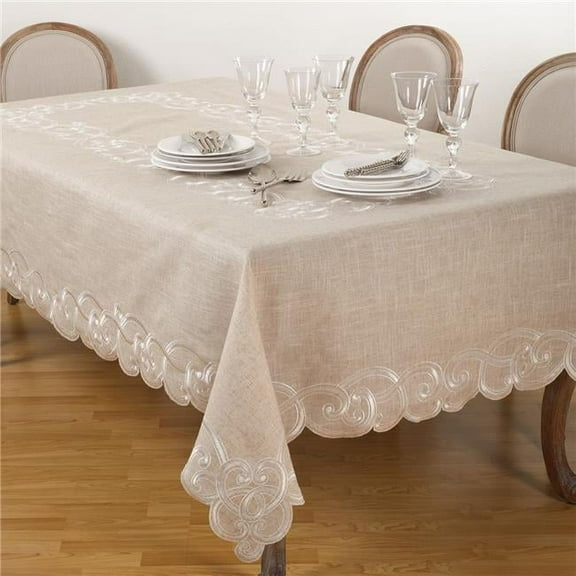 Embroidered Scallop Design Natural Linen Blend Tablecloth