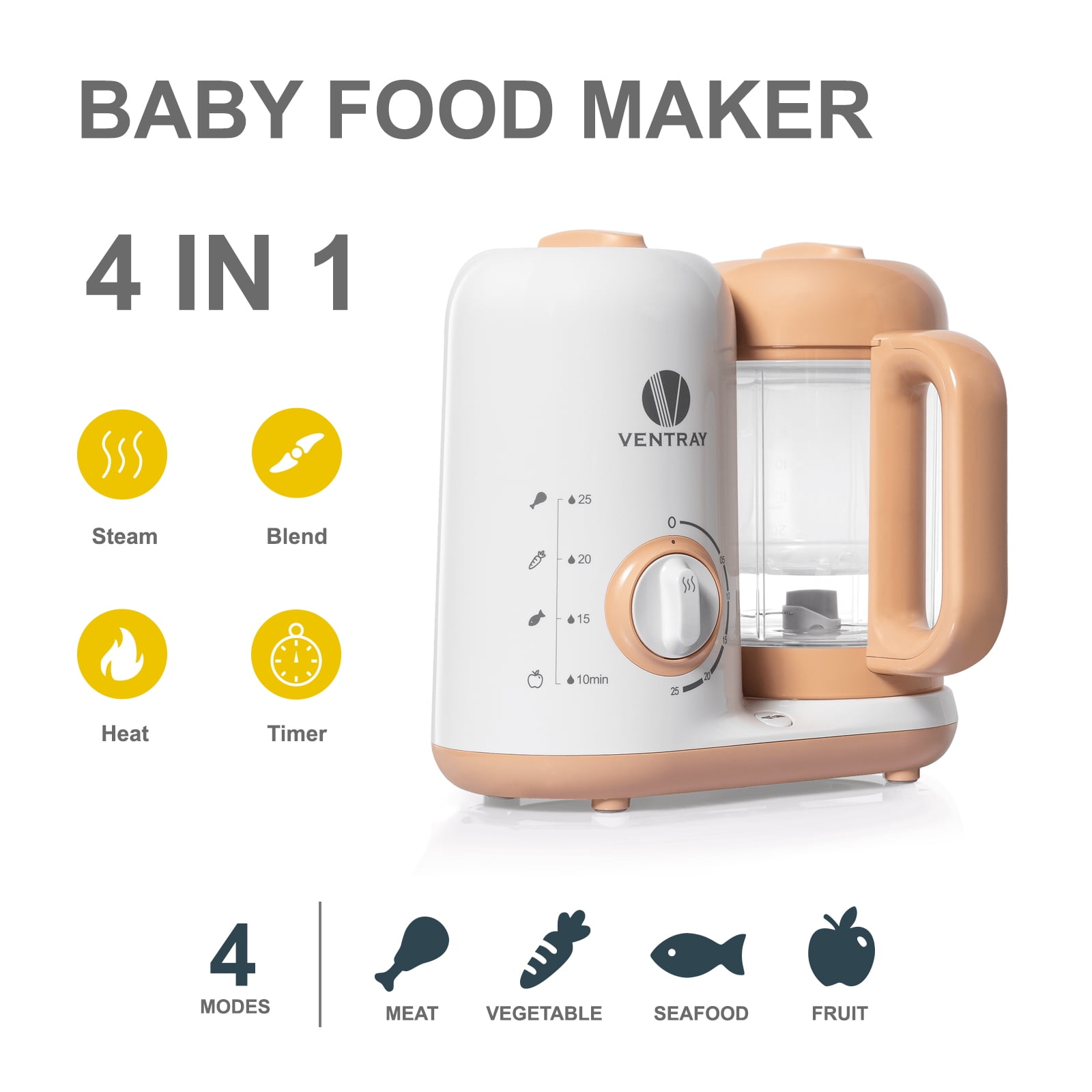 Ventray Baby Food Maker All in one Baby Food Processor Blender Steamer Cooker Chop Grind Puree BPA Free peach Walmart