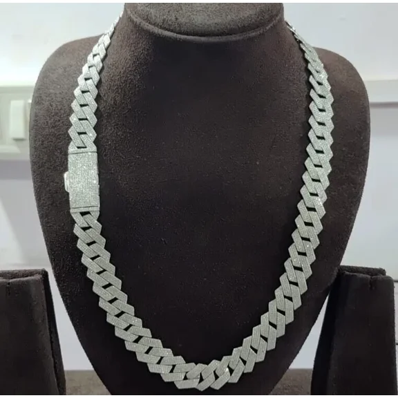 22Inch 15mm Round Cut Real Moissanite Test Pass Cuban Men's Necklace 14K Pure 925 Sterling Silver