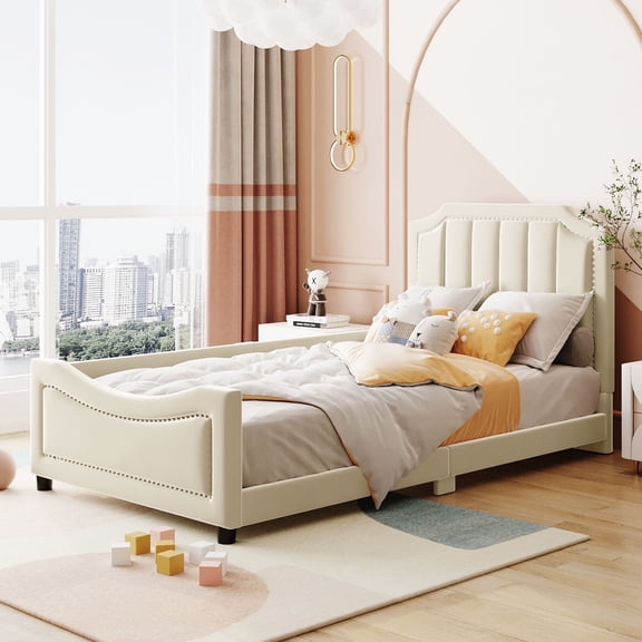 DreamBuck Upholstered Twin Bed Frame, Lovely Velvet Upholstered Daybed with Classic Stripe Shaped Headboard, Wood Twin Daybed for Teens, No Box Spring Needed, Noise Free, Beige