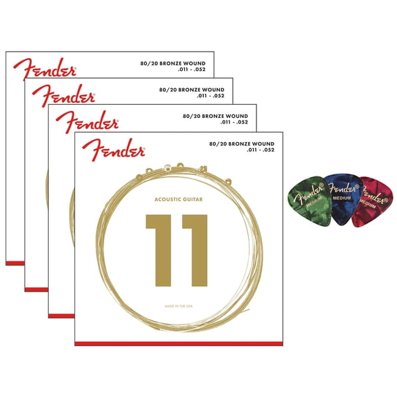 Fender 80/20 Bronze Acoustic Strings, Ball End - Custom Light .011-.052 4-Pack Bundle with 3-Pack Picks