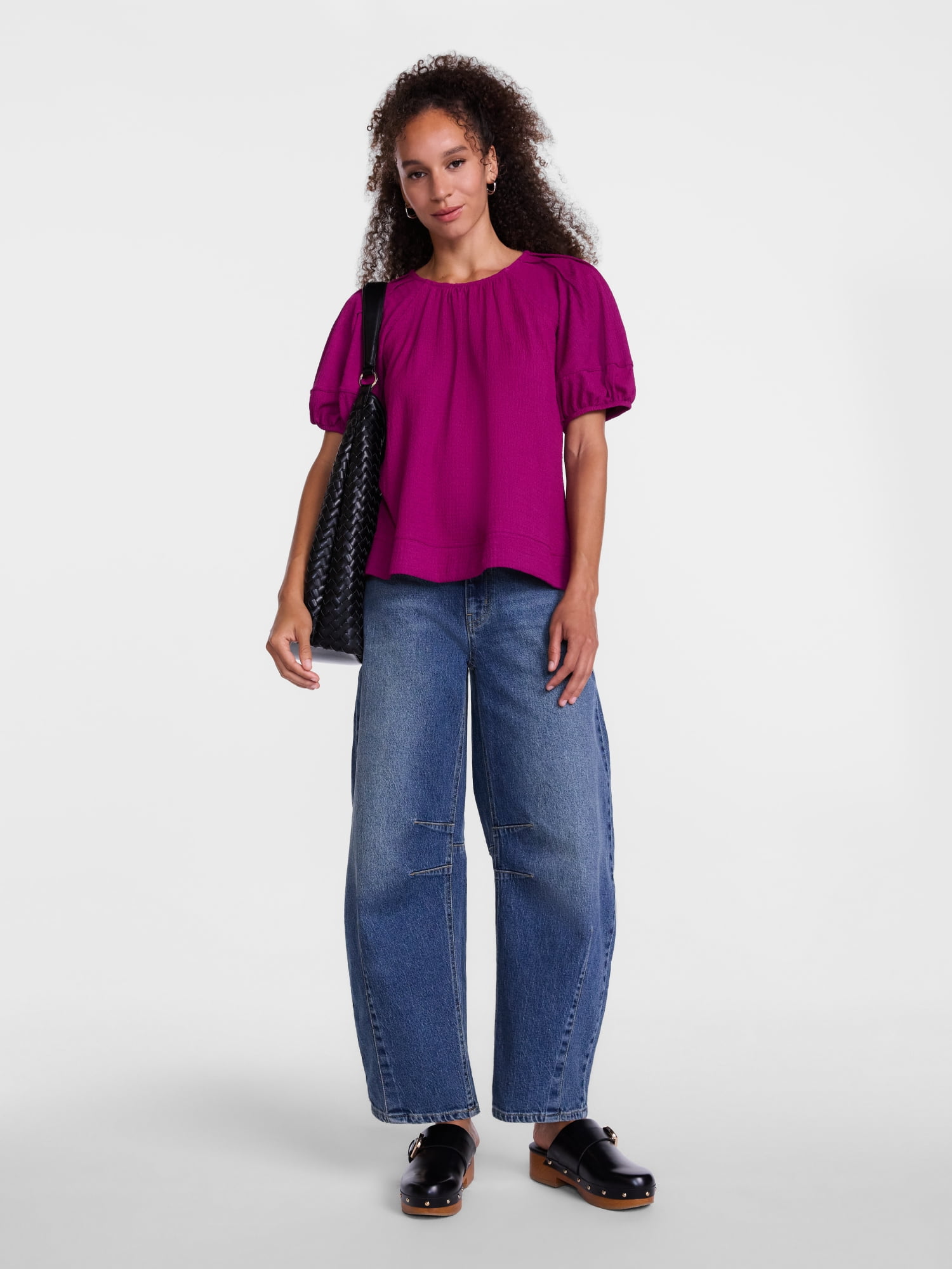 Scenario Women's Textured Top with Short Puff Sleeves, Sizes XS-XXXL