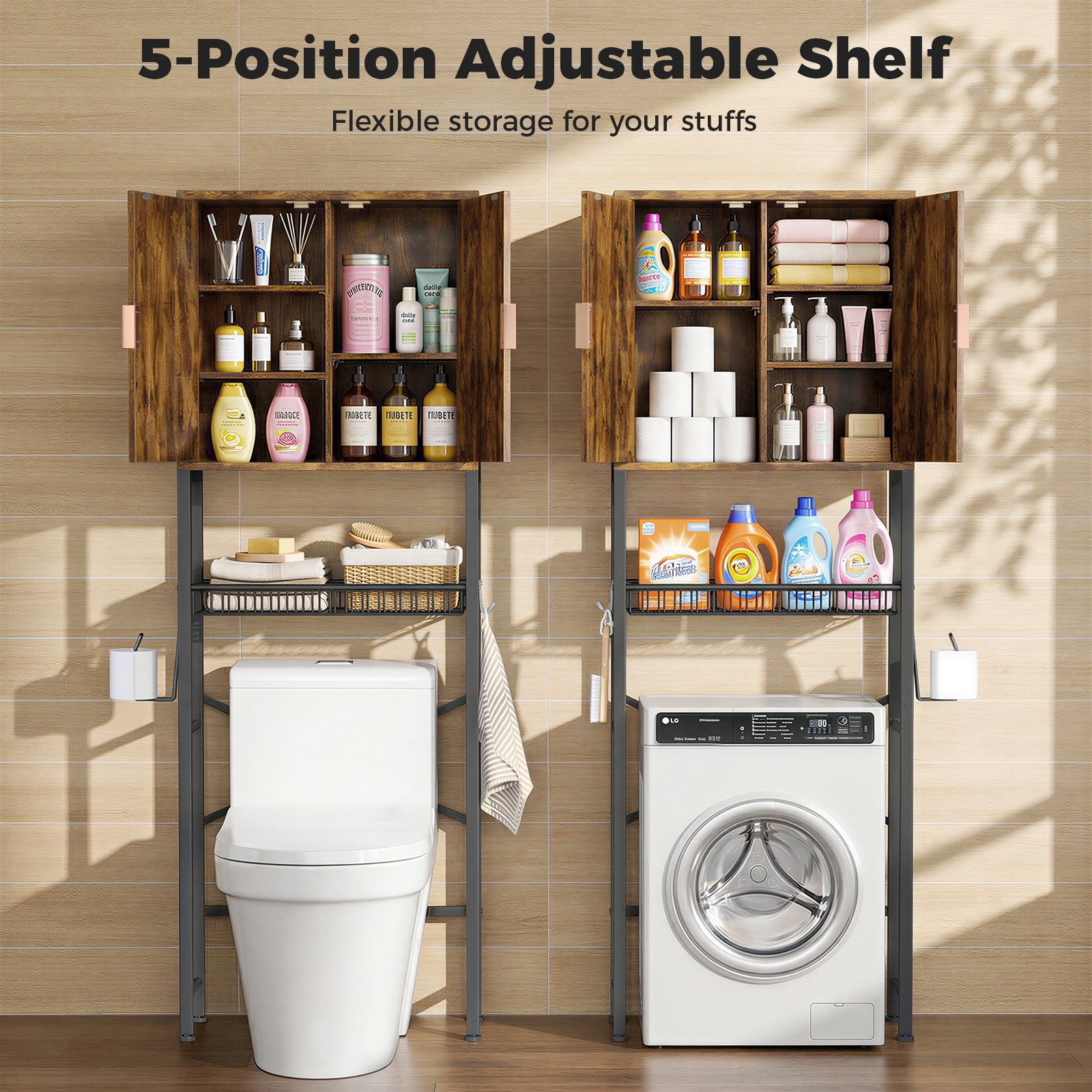 Biemlerfn Over the Toilet Storage Cabinet, Bathroom Storage Organizer with Adjustable Shelf, Toilet Paper Holder & Hooks, Freestanding Space Saver, Brown