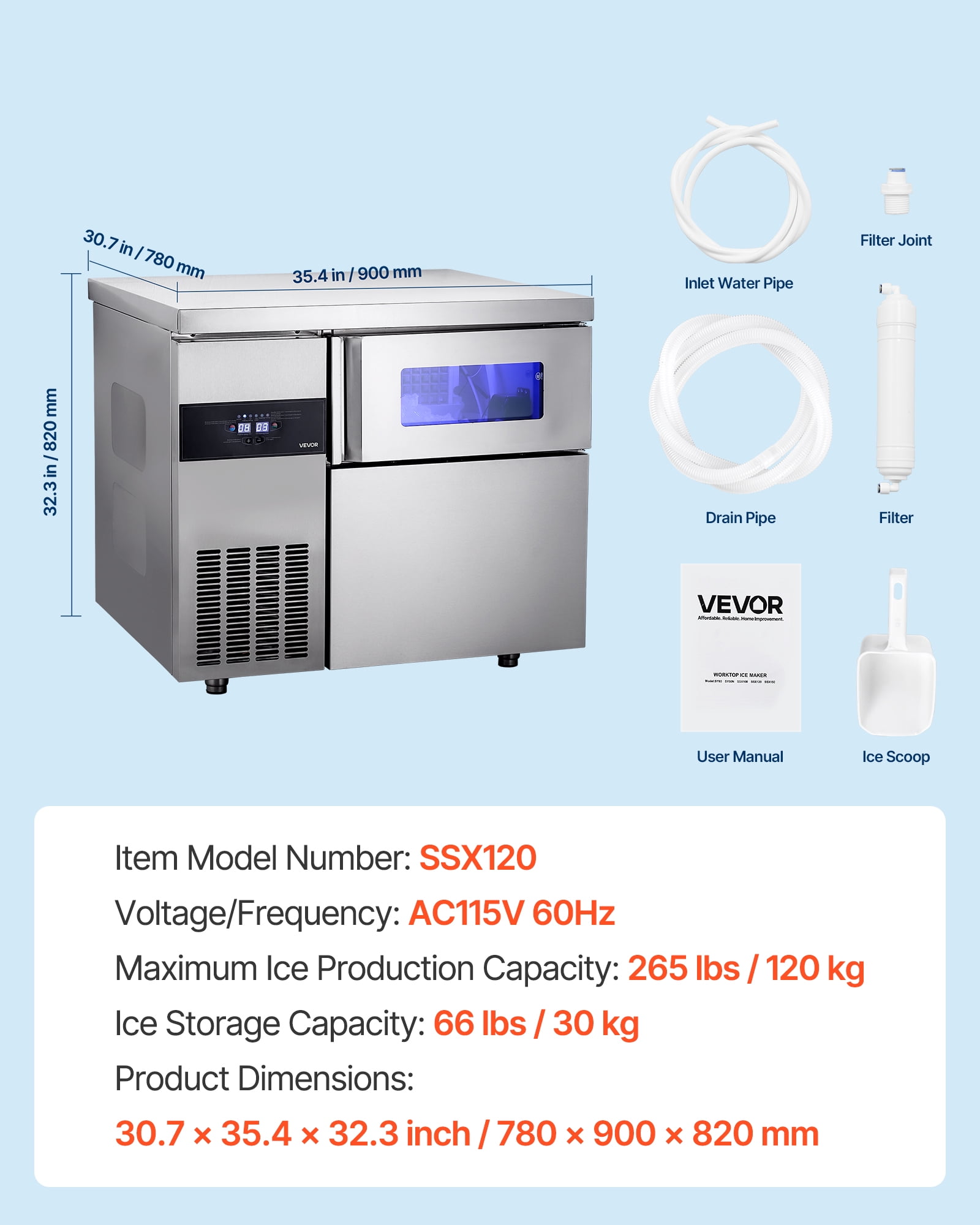 VEVOR Commercial Ice Maker Machine, 265 lbs/24H Stainless Steel Ice Machine with Worktop,66 lbs Storage & 126 Cubes/Cycle,Self-Cleaning Freestanding Ice-Making for Home Bar Office Restaurant Kitchen