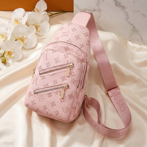 Pink Patterned Crossbody Sling Bag – Women’s Chest Bag with Gold Hardware