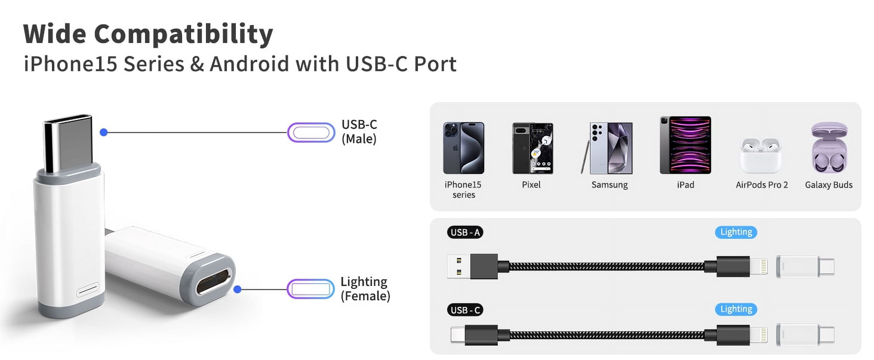 Lightning to USB C Adapter Compatible with Phone, Pad, Support Charging, Not for Audio, Type C Charger Connector