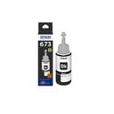 tinta epson 673 negro botella original Epson en vista frontal con boquilla antigoteo y etiqueta '673' junto a su caja; compatible con sistema EcoTank, recarga fácil, secado rápido y alta calidad de impresión para documentos y fotografías.