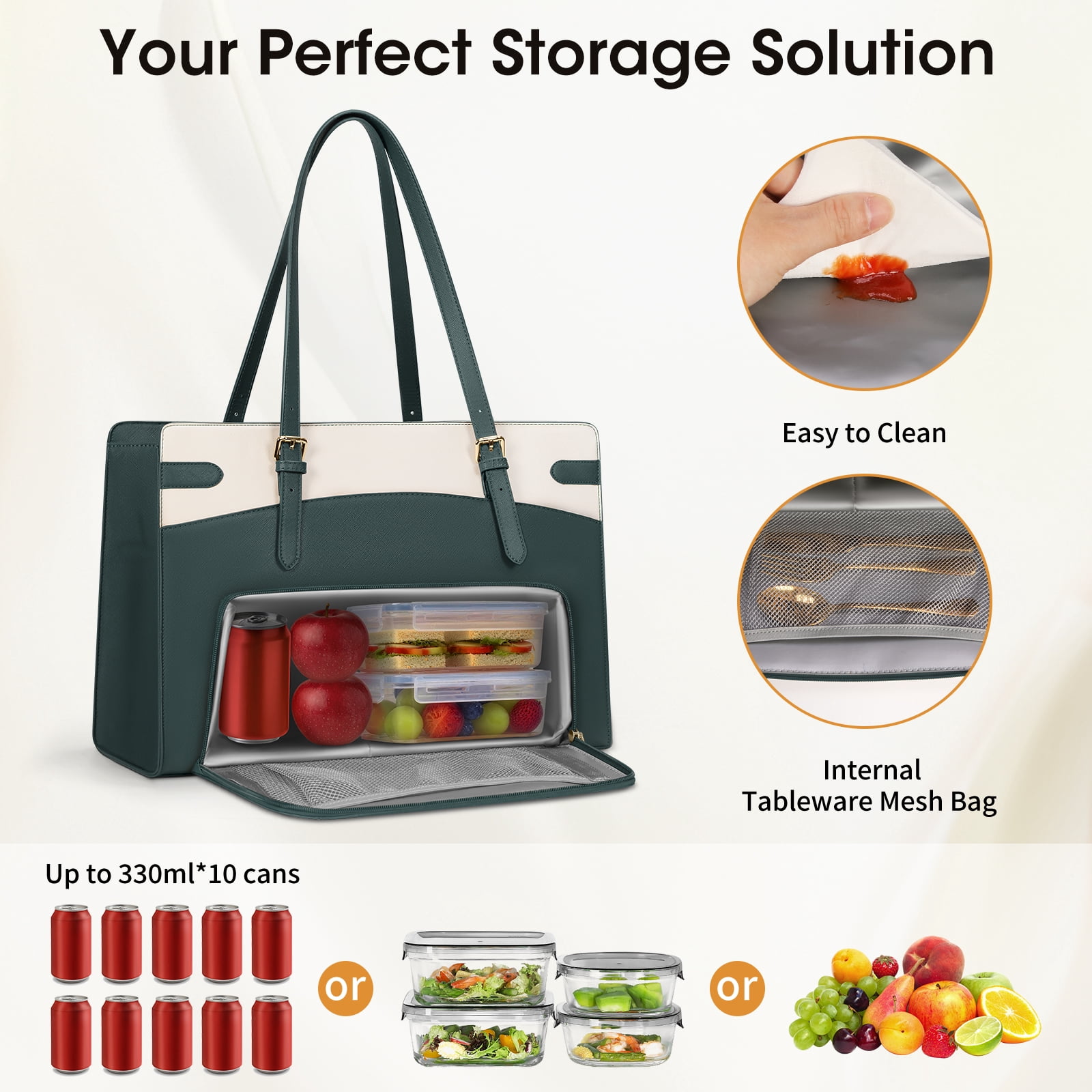 RAINSMORE 15.6 inch Lunch Tote Bag for Women Laptop Bags with Insulated Lunch Compartment Teacher Work Bag for Office Travel,GreenWhite