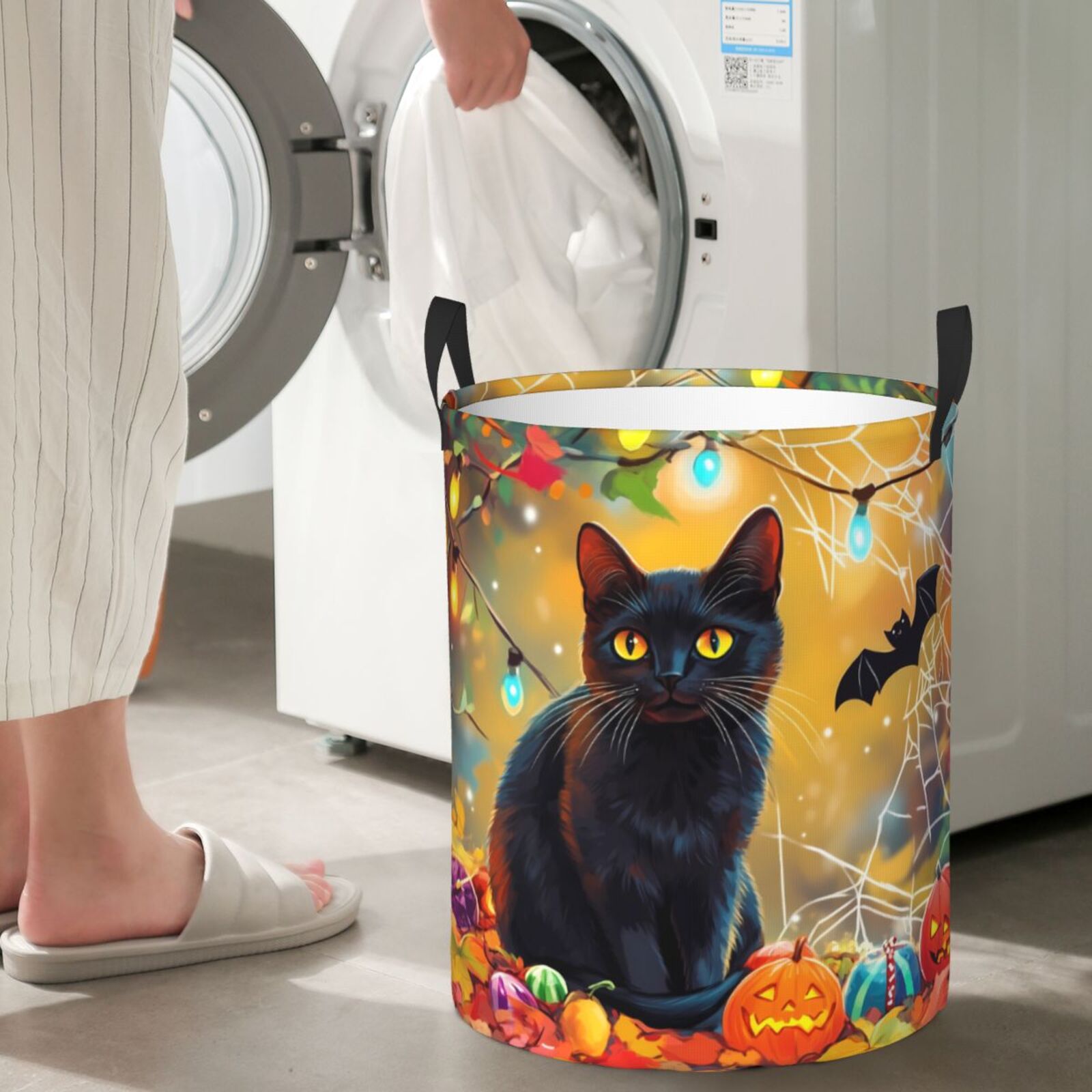 Large Laundry Basket with Handles - Halloween Colorful Maple Leaf Black Cat Kids Baby Dirty Clothes Laundry Hamper for Bedroom Aesthetic