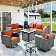 Ovios 6 Pieces Outdoor Patio Furniture Set with Gas Propane Fire Pit Table Wicker Outdoor Conversation Set with Swivel Rocking Chair for Backyard, Cushion Orange Red