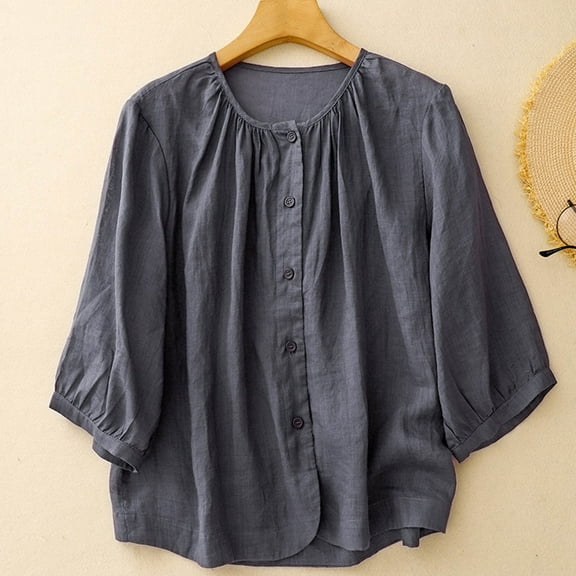 Fznquz Button Down Womens Summer Tops Cotton Linen 3/4 Sleeve Shirt Blue Plain Casual Spring Women Shirts