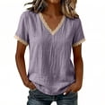 thumbnail image 3 of Diufon Cotton Linen Tops for Women Lace Trim V Neck Short Sleeve Shirts Summer Fashion Vacation Boho Blouses, 3 of 7
